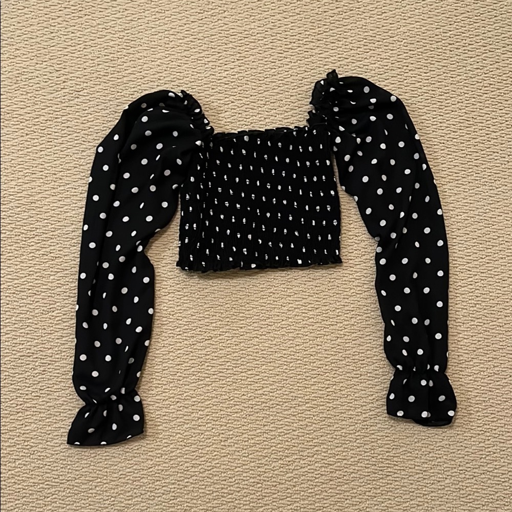 Seduction | Black Polka Dot Cropped Puff Sleeve Top